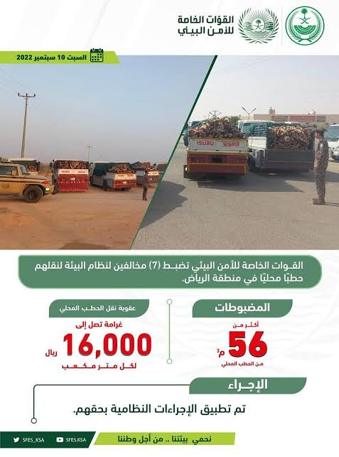 القوات الخاصة للأمن البيئي تضبط (7) مواطنين مخالفين لنظام البيئة لنقلهم حطبًا محليًا بمنطقة الرياض